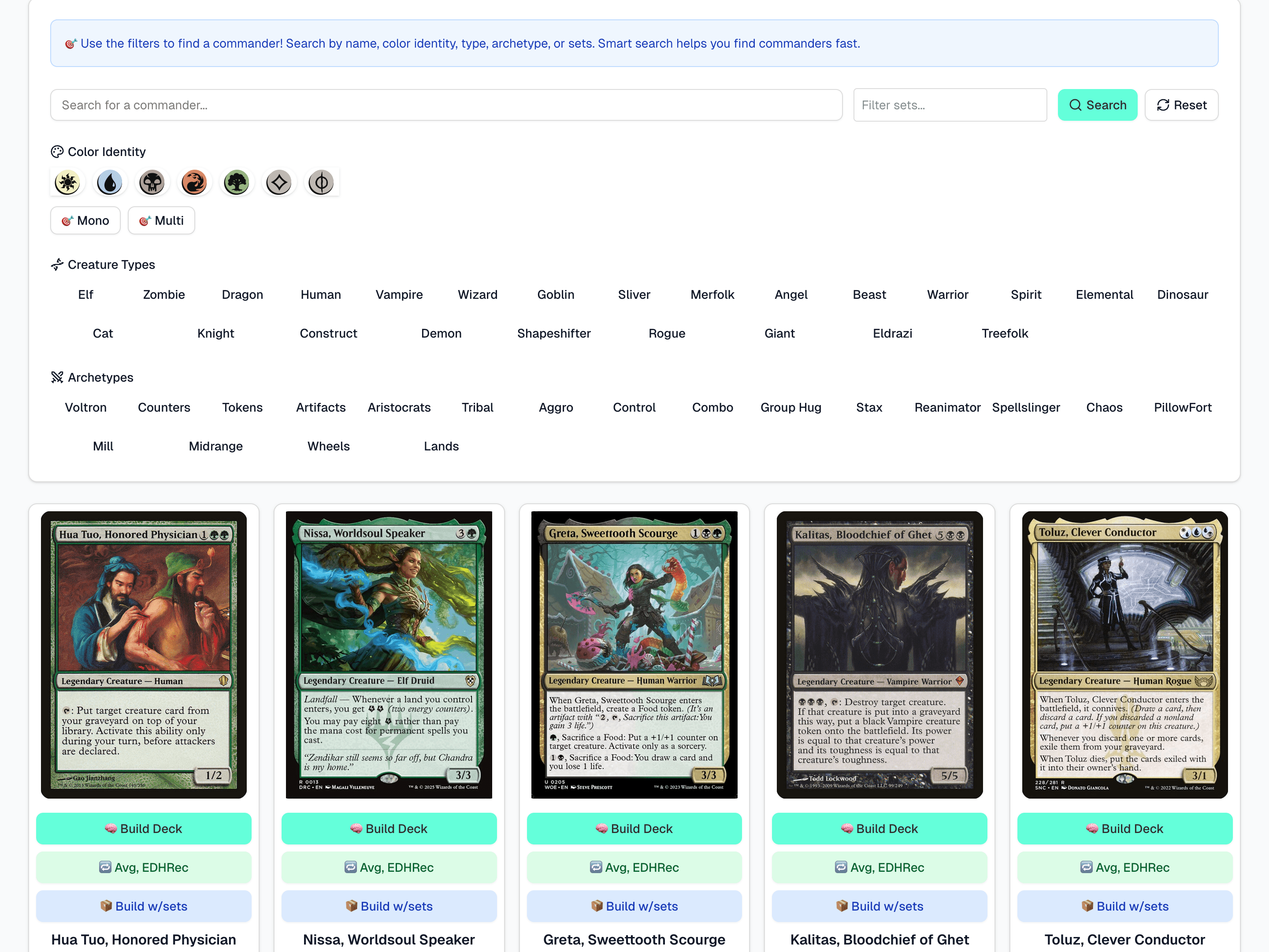Deckbuilding interface showing commander and selected Magic sets