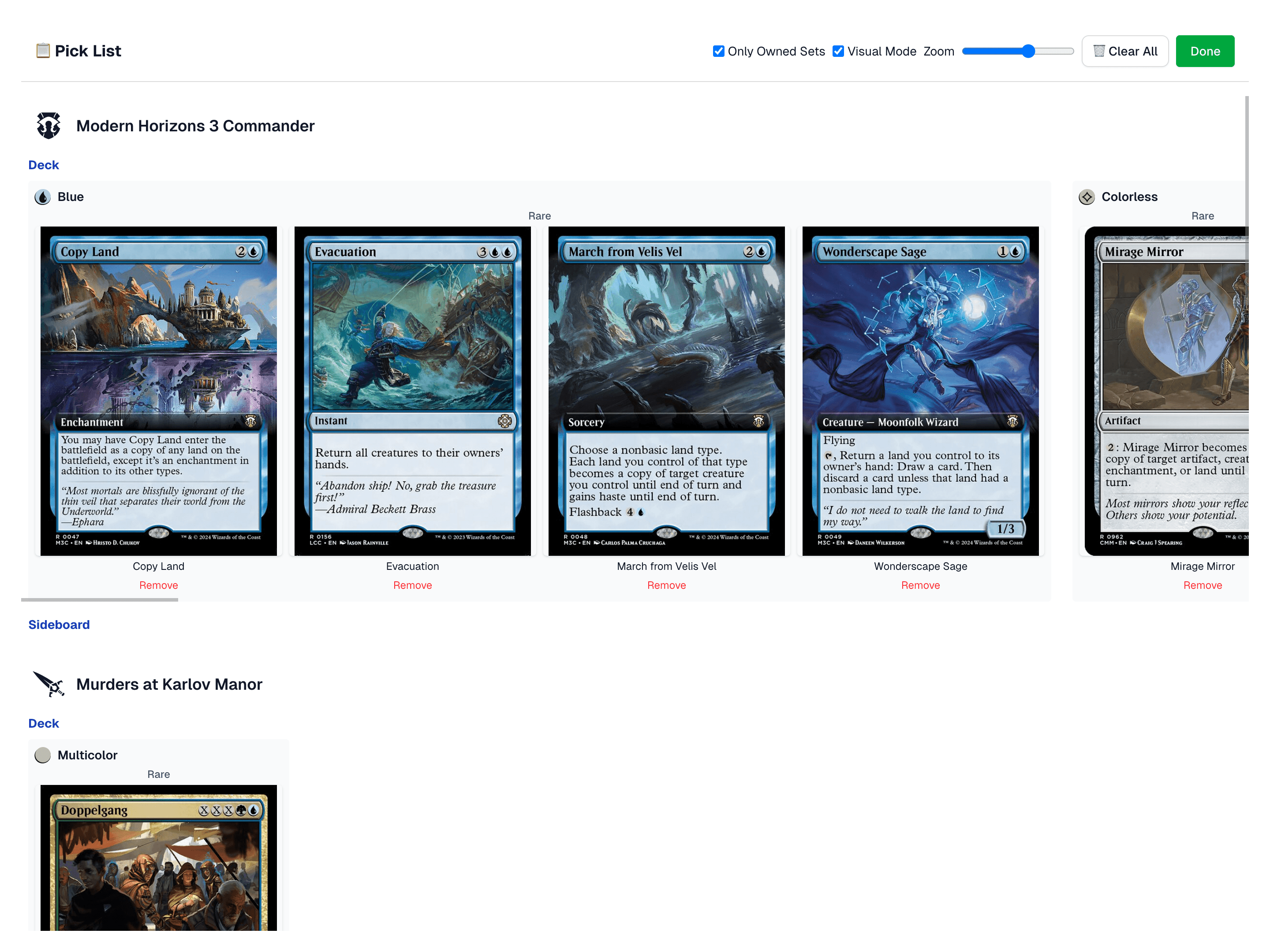 Picklist view with owned cards and substitutes highlighted